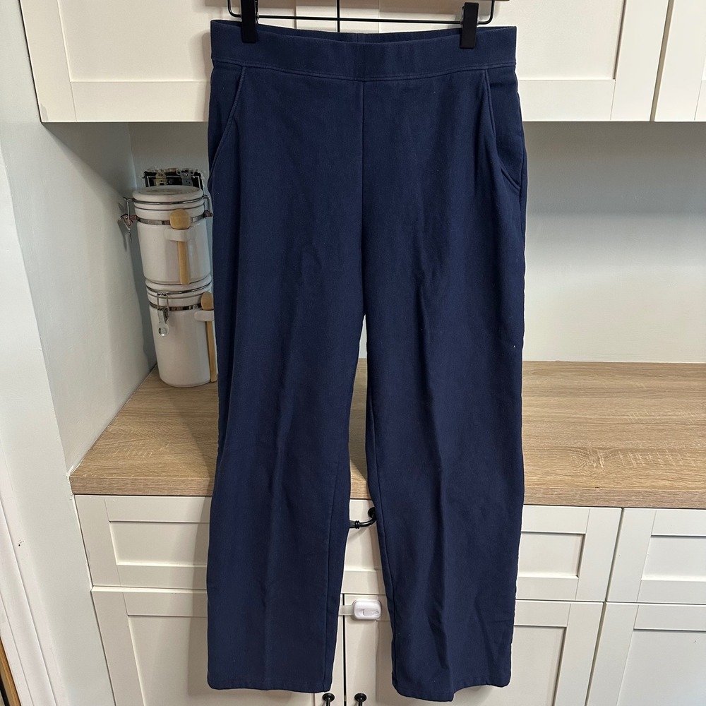 LL Bean Knit Pants Women M Petite Navy Fleece Straight Leg Pull On Elastic Waist